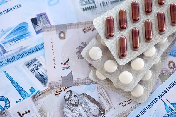 Birleşik Arap Emirlikleri kara para birimi faturaları ve ilaç hapları yakında. İlaç ve eczane kavramı