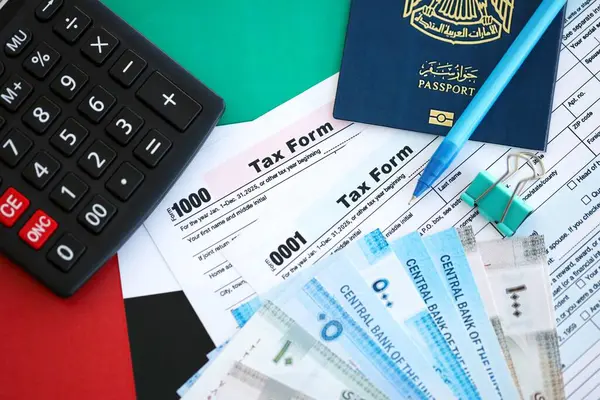 Birleşik Arap Emirlikleri kara para faturaları ve vergi formlu hesap makinesi. Vergi ve muhasebe kavramı