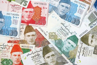 Pakistan banknotları. Pakistan 'ın mevcut para faturaları büyük miktarda masada yatıyor. Pakistan 'da iş ve yatırım kavramı