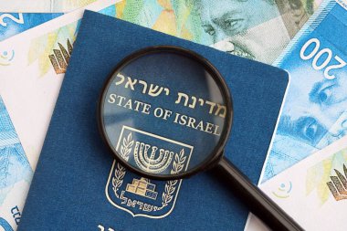 Israel New Shekels banknotları ve Louise 'li pasaport. İsrail 'in mevcut para faturaları ve biyometrik geçiş kartı büyük miktarda masada yatıyor. İsrail 'de seyahat ve tatil kavramı