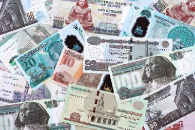 Mısır para birimi banknotları. Mevcut banknotlar masanın üzerinde büyük miktarda yatıyor.