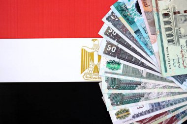 Mısır para birimi banknotları bayrağın üzerinde duruyor. İş ve yatırım kavramı