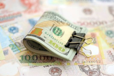 Vietnam dong para banknotları ve biz dolar banknotları yakın yakın. Ekonomi ve döviz kuru kavramı
