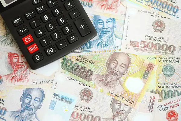 Vietnam dong para birimi faturaları ve hesap makinesi kapatılıyor. Vergilendirme ve para sayımı kavramı