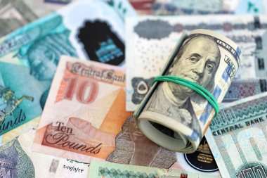 Mısır para birimi banknotları ve biz dolar banknotları yakın çekim. Ekonomi ve döviz kuru kavramı