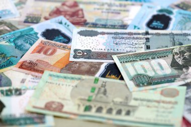 Mısır para birimi banknotları. Mevcut banknotlar masanın üzerinde büyük miktarda yatıyor.
