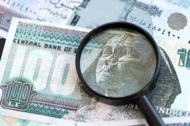 Mısır para birimi banknotları ve büyüteç yakın çekim. Finansal izleme ve vergilendirme kavramı