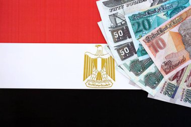 Mısır para birimi banknotları bayrağın üzerinde duruyor. İş ve yatırım kavramı