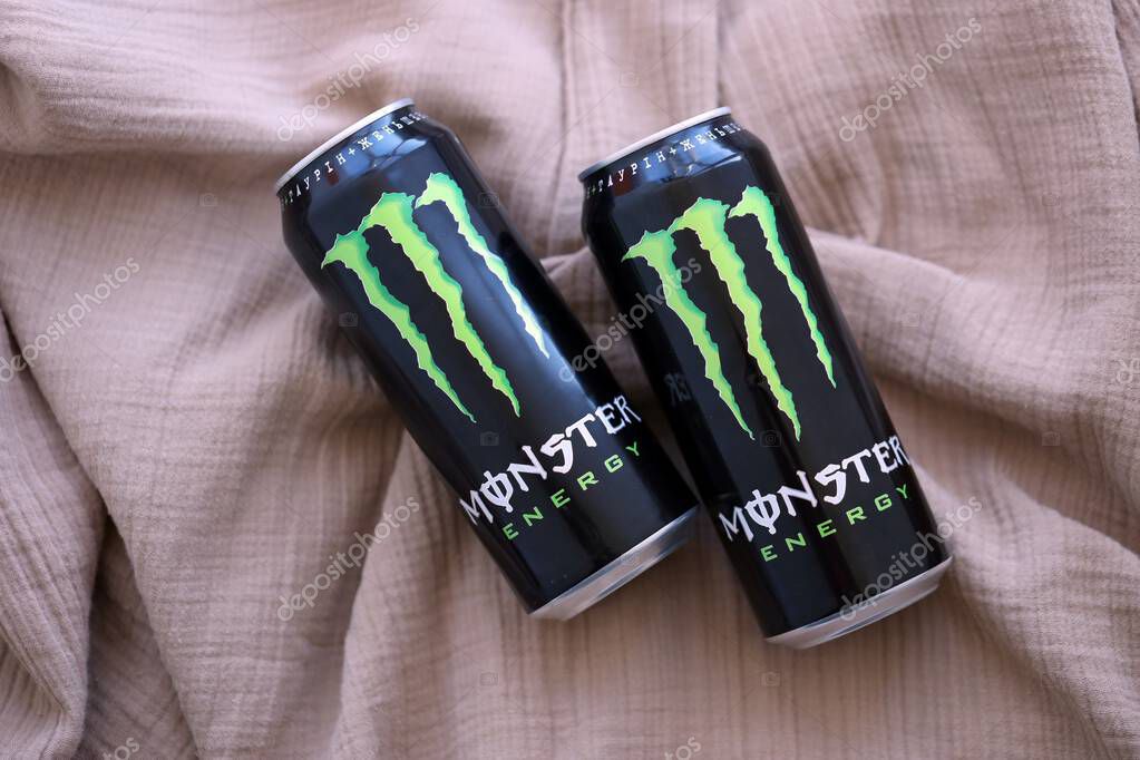 KYIV, UKRAINE - SEPTEMBER 21, 2025 Monster energy drink with new tin can design close up