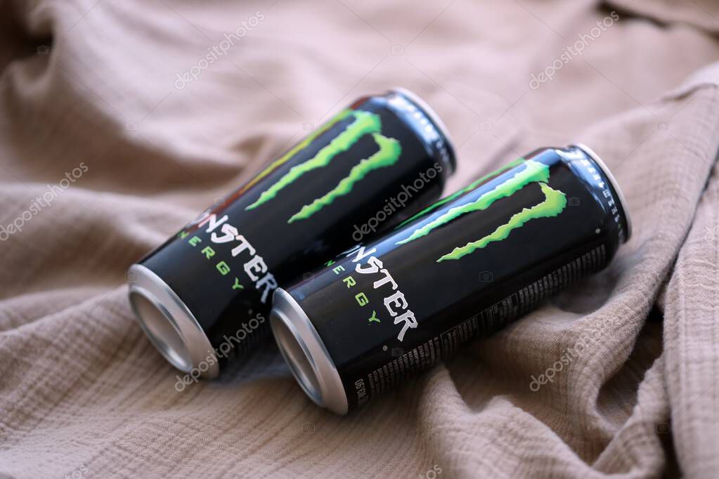 KYIV, UKRAINE - SEPTEMBER 21, 2025 Monster energy drink with new tin can design close up