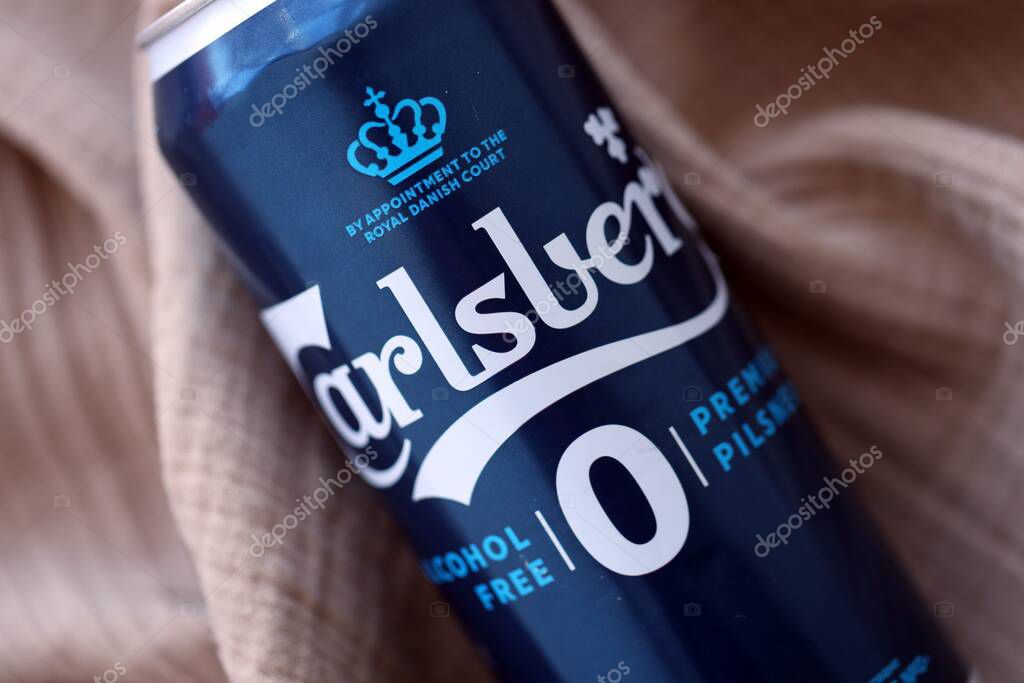 KYIV, UKRAINE - SEPTEMBER 21, 2025 Carlsberg zero alcohol or non alcohol aluminum tin can close up