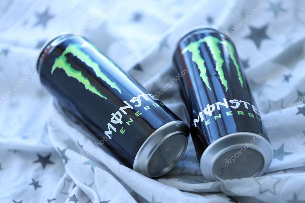 KYIV, UKRAINE - SEPTEMBER 21, 2025 Monster energy drink with new tin can design close up