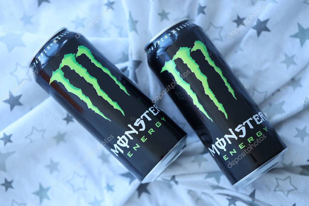KYIV, UKRAINE - SEPTEMBER 21, 2025 Monster energy drink with new tin can design close up