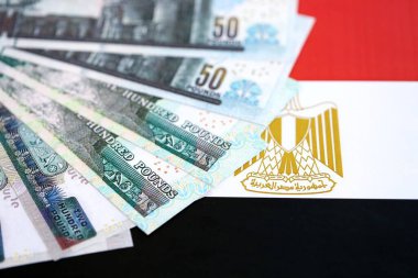 Mısır para birimi banknotları bayrağın üzerinde duruyor. İş ve yatırım kavramı