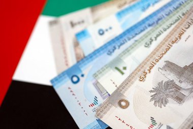 Birleşik Arap Emirlikleri kara para birimi banknotları bayrağa yakın duruyor. İş ve yatırım kavramı