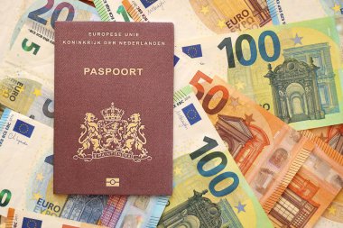 Hollanda pasaportu, yakın plandaki büyük miktardaki avroluk para banknotlarına dayanıyor. Avrupa 'da zengin yaşam ve seyahat kavramı