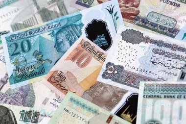 Mısır para birimi banknotları. Mevcut banknotlar masanın üzerinde büyük miktarda yatıyor.
