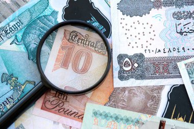 Mısır para birimi banknotları ve büyüteç yakın çekim. Finansal izleme ve vergilendirme kavramı