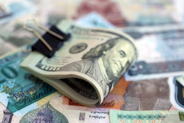 Mısır para birimi banknotları ve biz dolar banknotları yakın çekim. Ekonomi ve döviz kuru kavramı