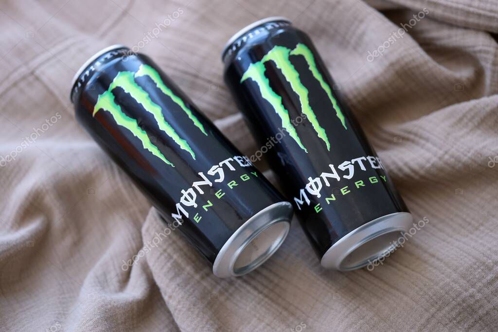 KYIV, UKRAINE - SEPTEMBER 21, 2025 Monster energy drink with new tin can design close up
