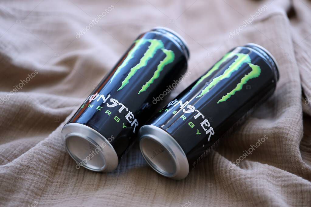 KYIV, UKRAINE - SEPTEMBER 21, 2025 Monster energy drink with new tin can design close up