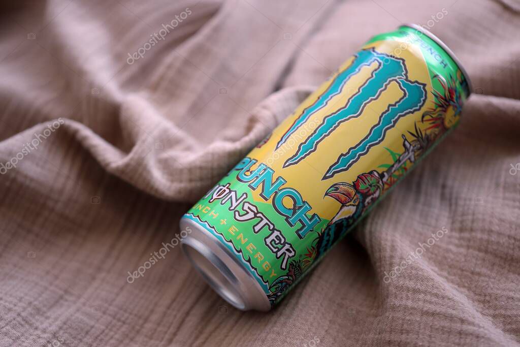 KYIV, UKRAINE - SEPTEMBER 21, 2025 Monster energy drink with new tin can design close up