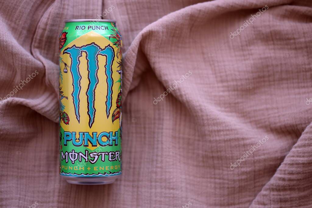 KYIV, UKRAINE - SEPTEMBER 21, 2025 Monster energy drink with new tin can design close up