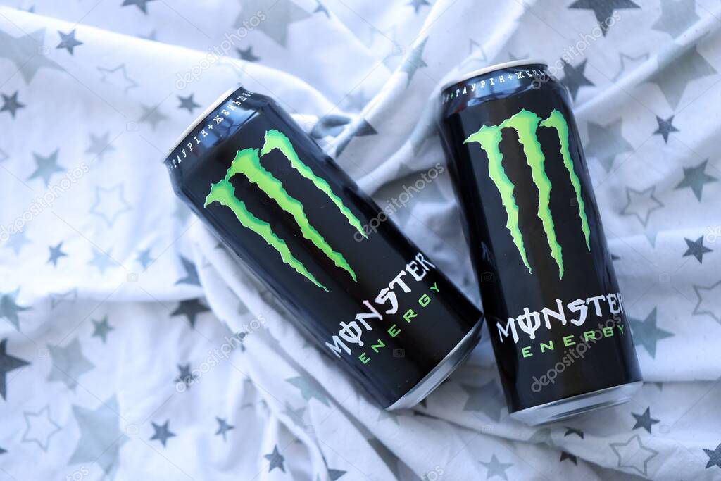 KYIV, UKRAINE - SEPTEMBER 21, 2025 Monster energy drink with new tin can design close up