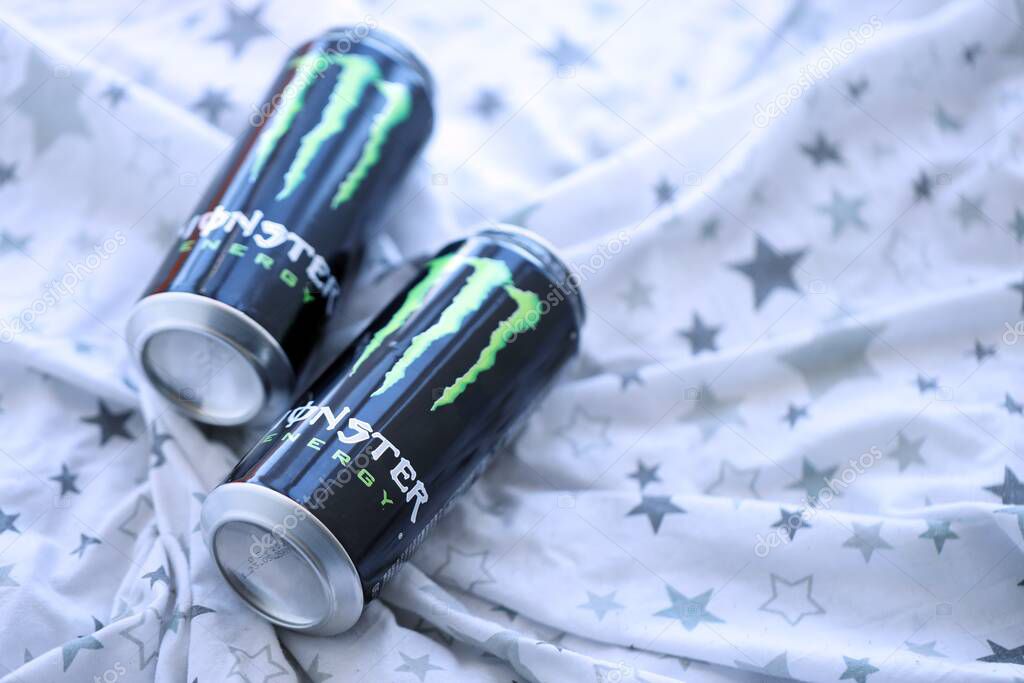 KYIV, UKRAINE - SEPTEMBER 21, 2025 Monster energy drink with new tin can design close up