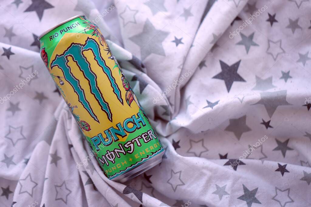 KYIV, UKRAINE - SEPTEMBER 21, 2025 Monster energy drink with new tin can design close up