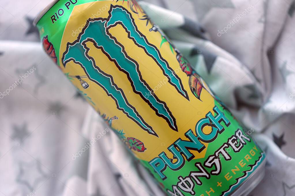 KYIV, UKRAINE - SEPTEMBER 21, 2025 Monster energy drink with new tin can design close up