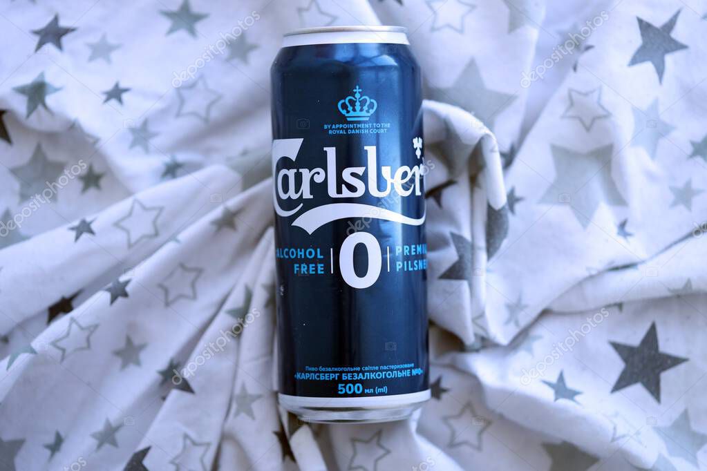 KYIV, UKRAINE - SEPTEMBER 21, 2025 Carlsberg zero alcohol or non alcohol aluminum tin can close up