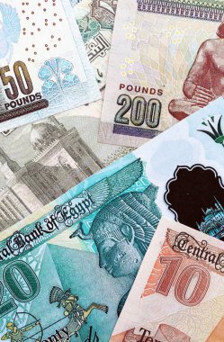 Mısır para birimi banknotları. Mevcut banknotlar masanın üzerinde büyük miktarda yatıyor.