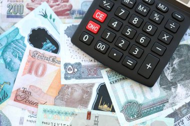 Mısır para birimi banknotları ve hesap makinesi kapanıyor. Vergilendirme ve para sayımı kavramı