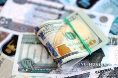 Mısır para birimi banknotları ve biz dolar banknotları yakın çekim. Ekonomi ve döviz kuru kavramı