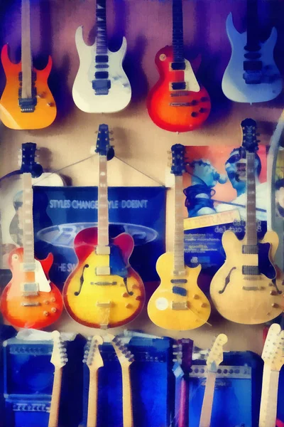 Pintura Digital Grupo Guitarras Exposição — Fotografia de Stock