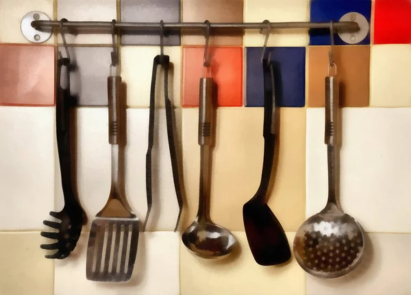 Digitale Malerei Küchenutensilien Hängen Einer Farbigen Fliesenwand — Stockfoto