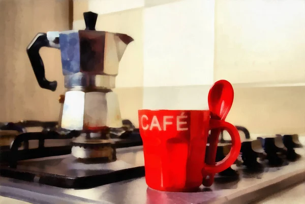 Digital Målning Röd Kaffekopp Och Gammal Kaffepanna — Stockfoto