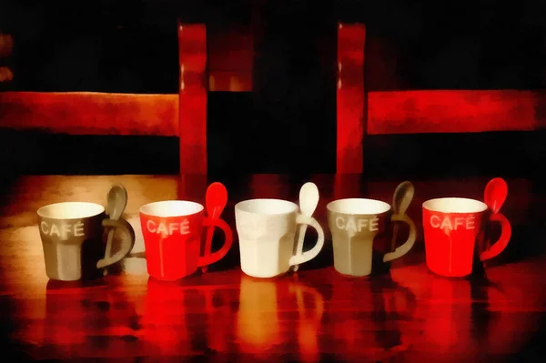 Digitale Bemalung Bunte Kaffeetasse Auf Holztisch — Stockfoto