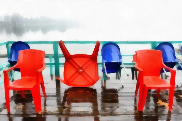Digitale Malerei Farbige Plastikstühle Die Draußen Stehen Gelassen Werden Stockbild
