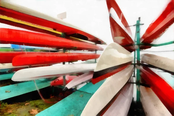 Digital Art Painting Colorful Canoes Parked Royalty Free Stock Photos