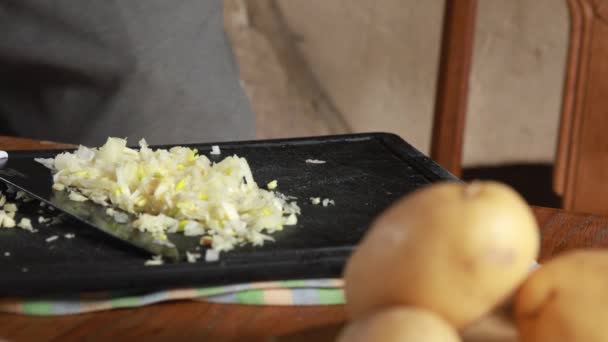 Man Cooking Slicing Fresh Food Chopping Board — Stock Video