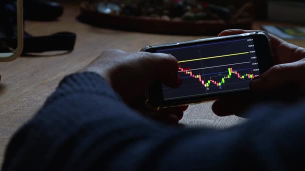 Muž Doma Prohlíží Burzovní Graf Mobilu Obchodní Finanční Koncepce Vysoce — Stock video