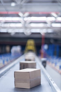 Modern taşıma bantlarının görüntüsü büyük bir depoda kutuları taşımaya hazır.