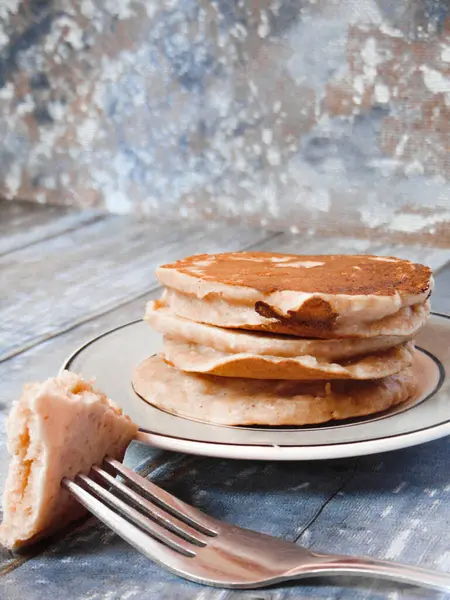 Deliciosas Panquecas Trigo Integral Fundo Vintage Conceito Café Manhã Saudável — Fotografia de Stock