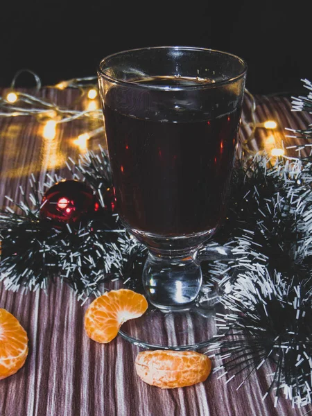 Cup Tea Christmas Decoration Tangerines Christmas Lights — Stock Photo, Image
