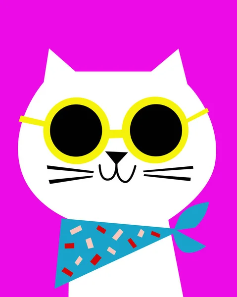 Sarı gözlüklü ve açık mavi eşarplı çekici bir kedi tasviri