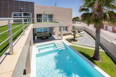 Yüzme havuzlu minimalist mimari ve palmiye ağaçlı bahçeli müstakil bir ev.