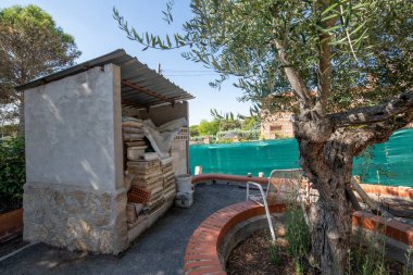 Taş ve çimento kulübesi, bir zeytin ağacının yanında, ağaç çukurunda.