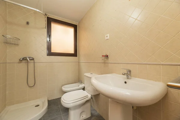 Klasyczna Łazienka Białym Sprzętem Sanitarnym Kabiną Prysznicową Oraz Brązowym Anodowanym — Zdjęcie stockowe